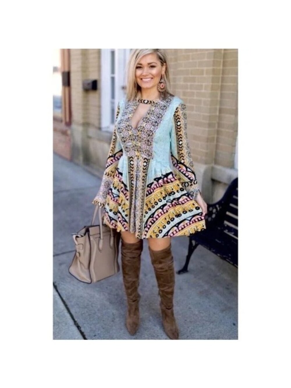 Free People Tegan Blue Borders Keyhole Long Sleeve Mini Dress - Picture 6 of 8